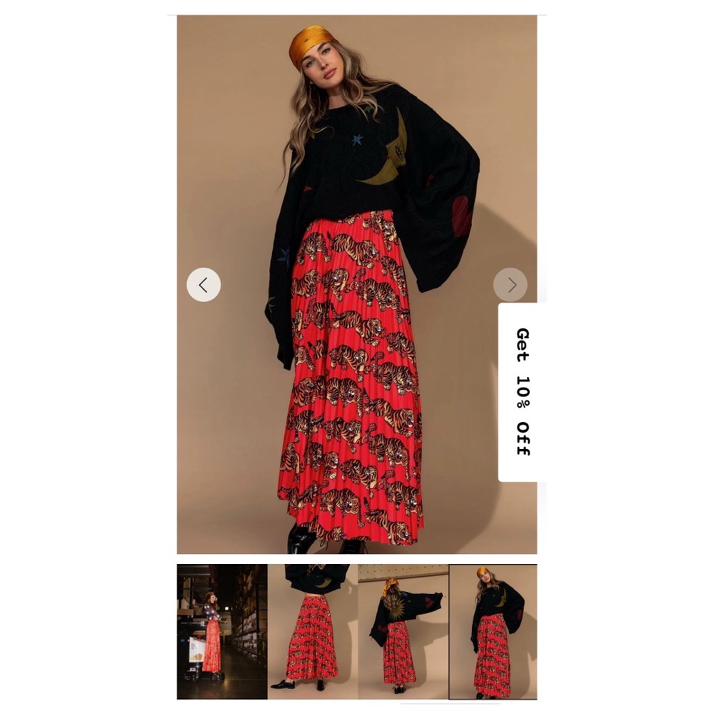 NWOT! Dressed in LALA Don't Let Them Tame You Pleated Midi Skirt, Tiger, Red, L - Picture 7 of 9